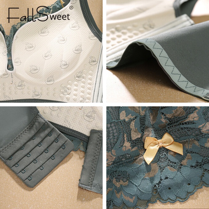 FallSweet Women Lace Push Up Bras Wireless Thick Cup High Side Brassiere - Beige - Image 9