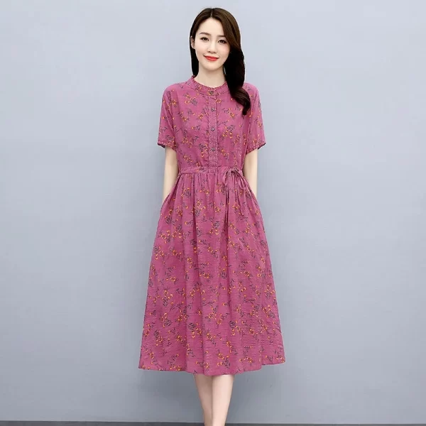 Cotton Linen Dress Women 2022 Summer New Style Temperament Waist-Tight Slimmer Look Mid-Length Skirt - Red