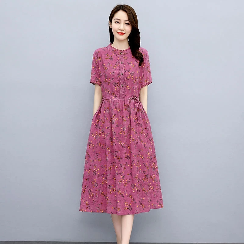 Cotton Linen Dress Women 2022 Summer New Style Temperament Waist-Tight Slimmer Look Mid-Length Skirt - Red - Image 1