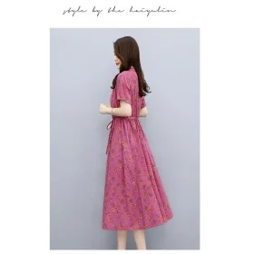 Cotton Linen Dress Women 2022 Summer New Style Temperament Waist-Tight Slimmer Look Mid-Length Skirt - Red - Image 2