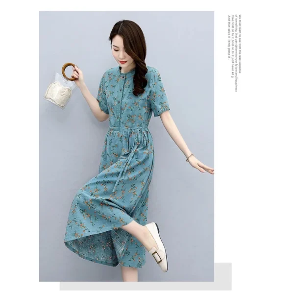 Cotton Linen Dress Women 2022 Summer New Style Temperament Waist-Tight Slimmer Look Mid-Length Skirt - Blue