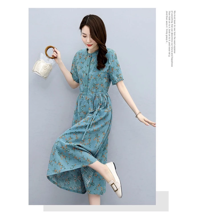 Cotton Linen Dress Women 2022 Summer New Style Temperament Waist-Tight Slimmer Look Mid-Length Skirt - Blue - Image 3
