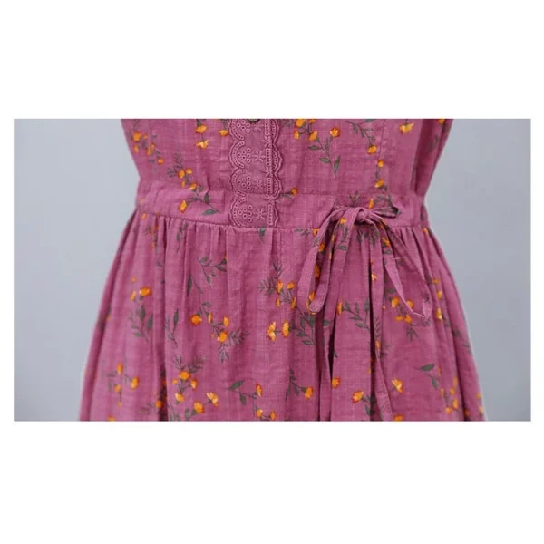 Cotton Linen Dress Women 2022 Summer New Style Temperament Waist-Tight Slimmer Look Mid-Length Skirt - Red