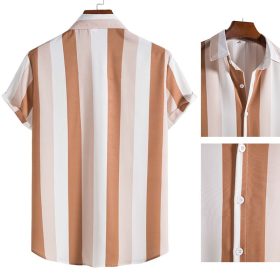 Men's Striped Button Up Polo Shirt Short Sleeve Casual Vertical Stripes Plus Size - Yellow - Image 2