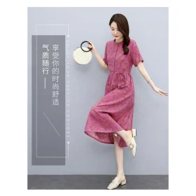 Cotton Linen Dress Women 2022 Summer New Style Temperament Waist-Tight Slimmer Look Mid-Length Skirt - Red - Image 3