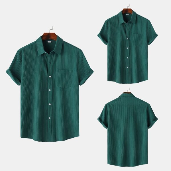 2024 Men's Quality Special Texture Aesthetic Simple Casual Loose Collar Shorts Sleeve Shirt with Pocket - Dark Green