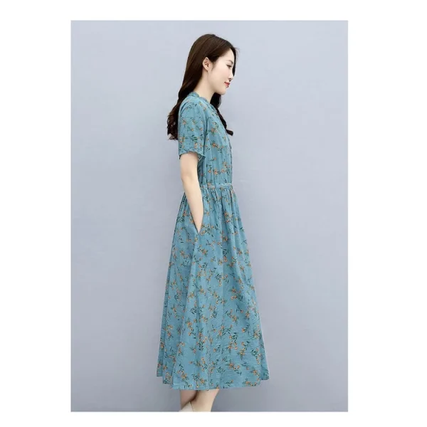 Cotton Linen Dress Women 2022 Summer New Style Temperament Waist-Tight Slimmer Look Mid-Length Skirt - Blue