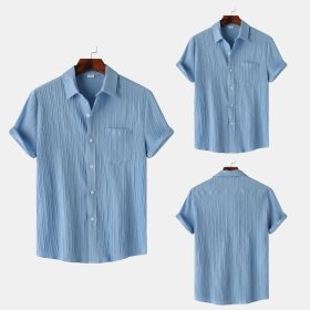 2024 Men's Quality Special Texture Aesthetic Simple Casual Loose Collar Shorts Sleeve Shirt with Pocket - Light Blue - Image 2