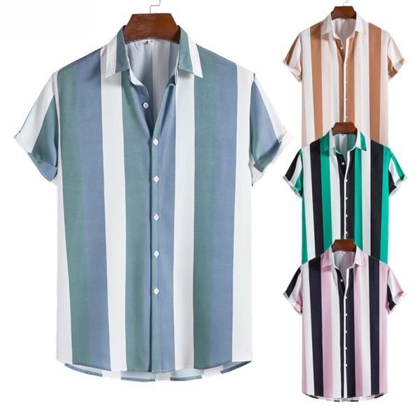 Men's Striped Button Up Polo Shirt Short Sleeve Casual Vertical Stripes Plus Size - Yellow