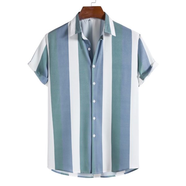 Men's Striped Button Up Polo Shirt Short Sleeve Casual Vertical Stripes Plus Size - Blue