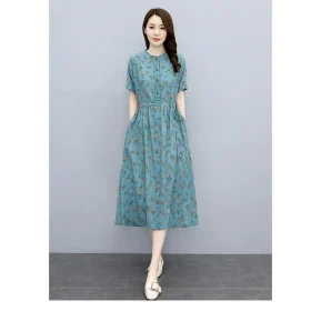 Cotton Linen Dress Women 2022 Summer New Style Temperament Waist-Tight Slimmer Look Mid-Length Skirt - Blue - Image 1