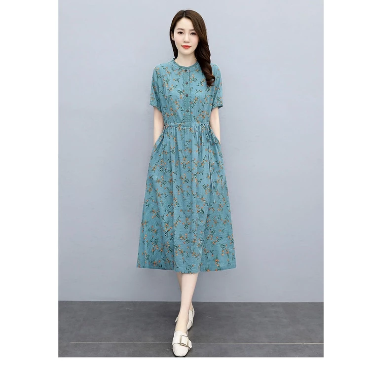 Cotton Linen Dress Women 2022 Summer New Style Temperament Waist-Tight Slimmer Look Mid-Length Skirt - Blue - Image 1