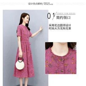 Cotton Linen Dress Women 2022 Summer New Style Temperament Waist-Tight Slimmer Look Mid-Length Skirt - Red - Image 4