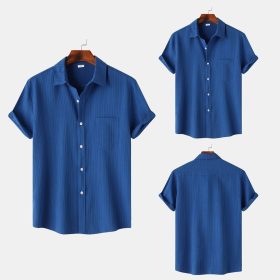2024 Men's Quality Special Texture Aesthetic Simple Casual Loose Collar Shorts Sleeve Shirt with Pocket - Royal Blue - Image 2