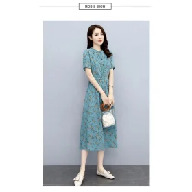 Cotton Linen Dress Women 2022 Summer New Style Temperament Waist-Tight Slimmer Look Mid-Length Skirt - Blue - Image 4