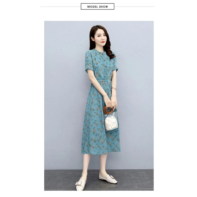 Cotton Linen Dress Women 2022 Summer New Style Temperament Waist-Tight Slimmer Look Mid-Length Skirt - Blue - Image 4