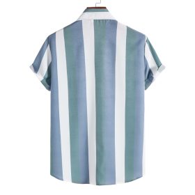 Men's Striped Button Up Polo Shirt Short Sleeve Casual Vertical Stripes Plus Size - Blue - Image 2
