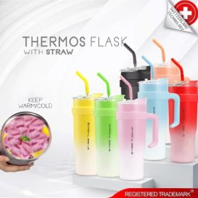 Tumbler Stainless Steel Thermos Flask with Handle Straw (1200ml) - Red - Image 2