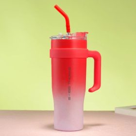 Tumbler Stainless Steel Thermos Flask with Handle Straw (1200ml) - Red - Image 1