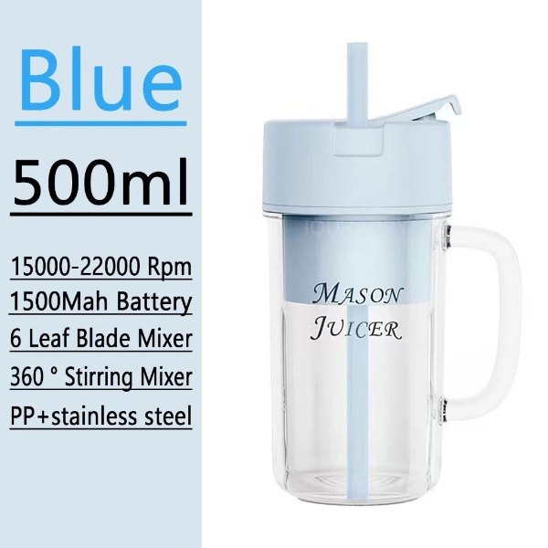 Portable Electric Juicer Blender with Straw Mini Juicing Cup Household Fried Juice Vegetable Smoothie Milkshake - Blue