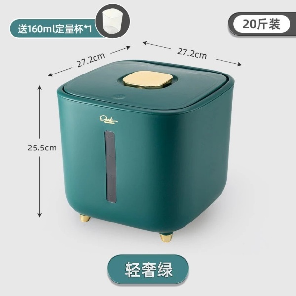 Rice Storage Box Grain Container Household Cereal Rice Bucket Insect and Moisture Proof Sealed Kitchen Organizer - Green 10kg