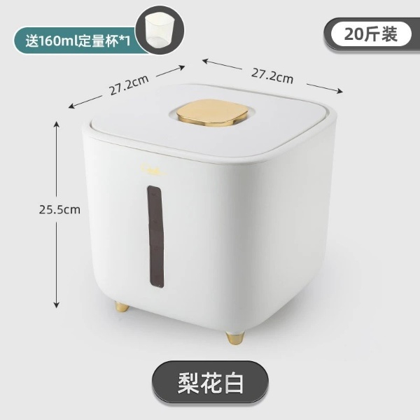 Rice Storage Box Grain Container Household Cereal Rice Bucket Insect and Moisture Proof Sealed Kitchen Organizer - White 10kg