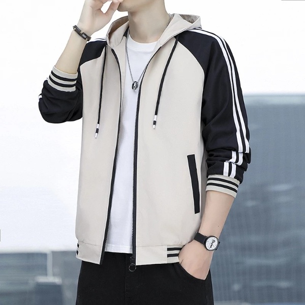 Men's Sports Jacket Casual Plus Size Solid Color Hoodie Outdoor Windproof - Beige