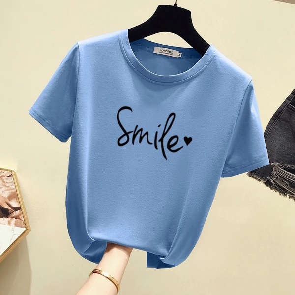 Women's New Short Sleeve T-Shirt, Korean Version Round Collar Top Pure Color Casual Fashion - Sky Blue