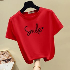 Women's New Short Sleeve T-Shirt, Korean Version Round Collar Top Pure Color Casual Fashion - Red - Image 1