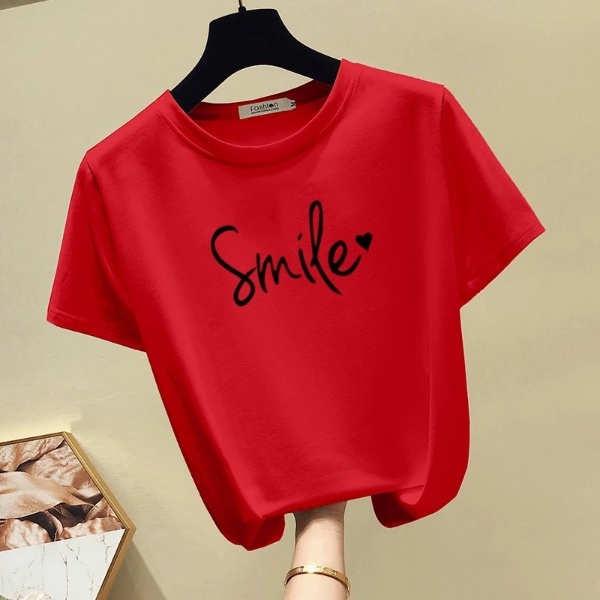 Women's New Short Sleeve T-Shirt, Korean Version Round Collar Top Pure Color Casual Fashion - Red