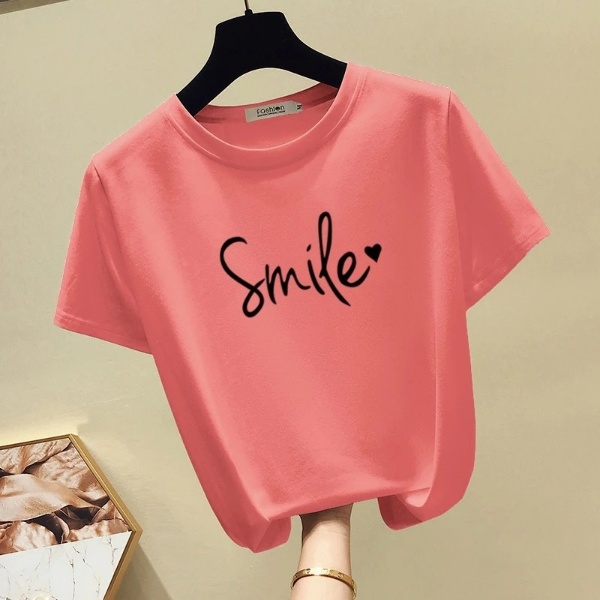 Women's New Short Sleeve T-Shirt, Korean Version Round Collar Top Pure Color Casual Fashion - Brick Red