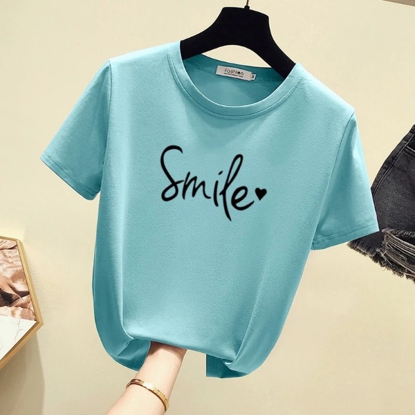 Women's New Short Sleeve T-Shirt, Korean Version Round Collar Top Pure Color Casual Fashion - Bean Green