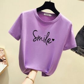 Women's New Short Sleeve T-Shirt, Korean Version Round Collar Top Pure Color Casual Fashion - Violet - Image 1