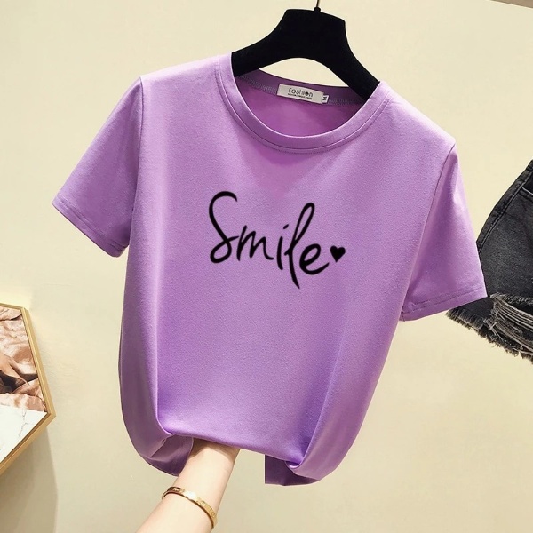 Women's New Short Sleeve T-Shirt, Korean Version Round Collar Top Pure Color Casual Fashion - Violet