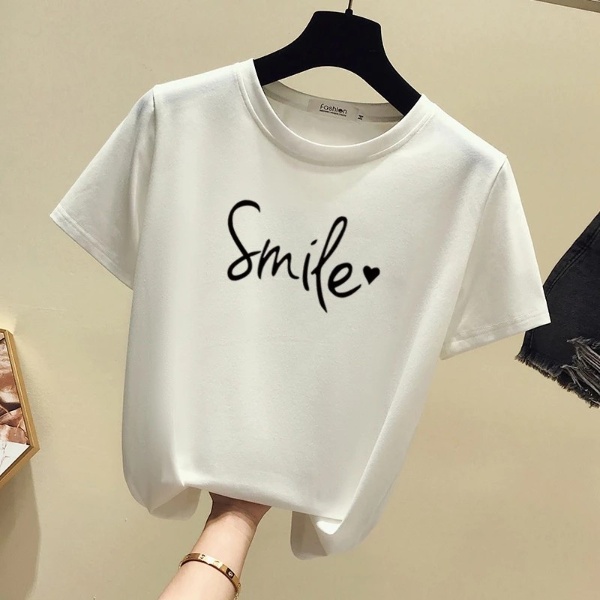 Women's New Short Sleeve T-Shirt, Korean Version Round Collar Top Pure Color Casual Fashion - White