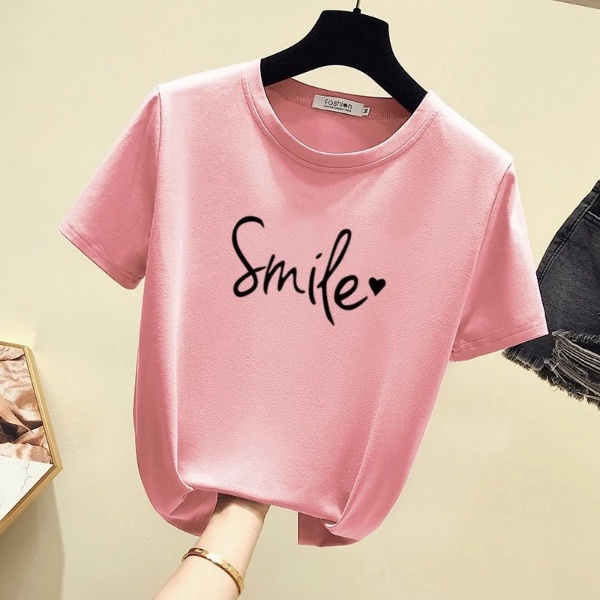 Women's New Short Sleeve T-Shirt, Korean Version Round Collar Top Pure Color Casual Fashion - Pink