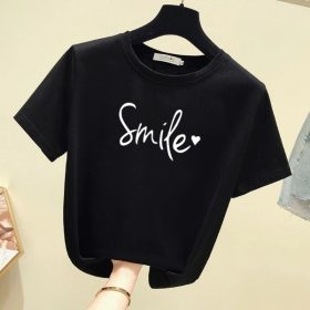 Women's New Short Sleeve T-Shirt, Korean Version Round Collar Top Pure Color Casual Fashion - Black - Image 1