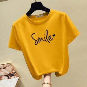 Women's New Short Sleeve T-Shirt, Korean Version Round Collar Top Pure Color Casual Fashion - Yellow - Image 1