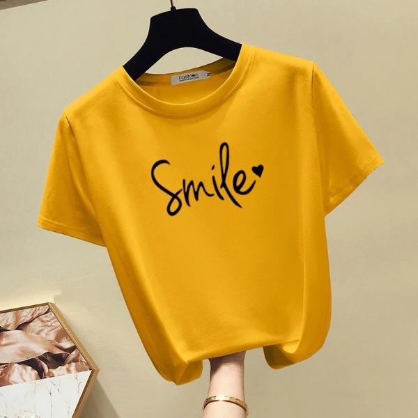 Women's New Short Sleeve T-Shirt, Korean Version Round Collar Top Pure Color Casual Fashion - Yellow