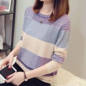 Hollow Knitwear Spring 2022 Women's Top Korean Version Color Matching Loose Striped Long Sleeve Thin Style - Purple