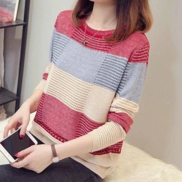 Hollow Knitwear Spring 2022 Women's Top Korean Version Color Matching Loose Striped Long Sleeve Thin Style - Red
