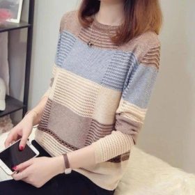 Hollow Knitwear Spring 2022 Women's Top Korean Version Color Matching Loose Striped Long Sleeve Thin Style - Coffee - Image 1