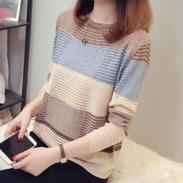Hollow Knitwear Spring 2022 Women's Top Korean Version Color Matching Loose Striped Long Sleeve Thin Style - Coffee