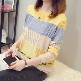 Hollow Knitwear Spring 2022 Women's Top Korean Version Color Matching Loose Striped Long Sleeve Thin Style - Yellow