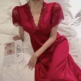 Pyjamas Women Nightwear Night Dress Sleepwear Lingerie Sexy (Short) - Maroon - Image 2