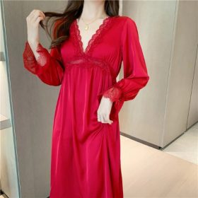 Pyjamas Women Nightwear Night Dress Sleepwear Lingerie Sexy (Long) - Maroon