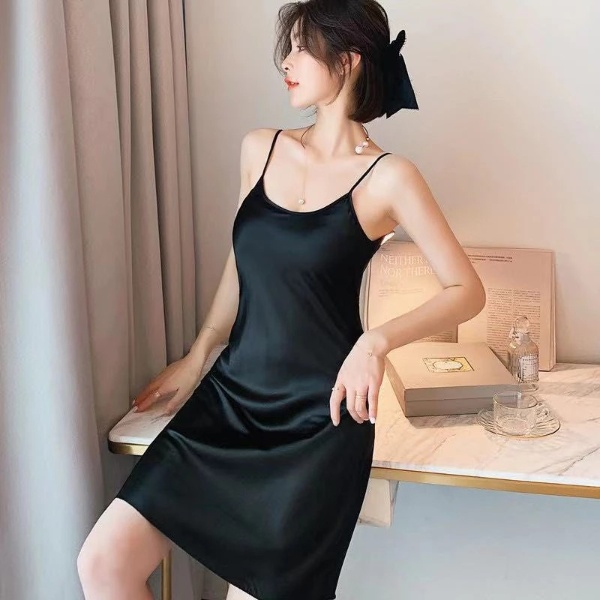 Women Night Dresses Plus Size Lace Silk Pajamas Solid Color Suspenders Nightdress - Black