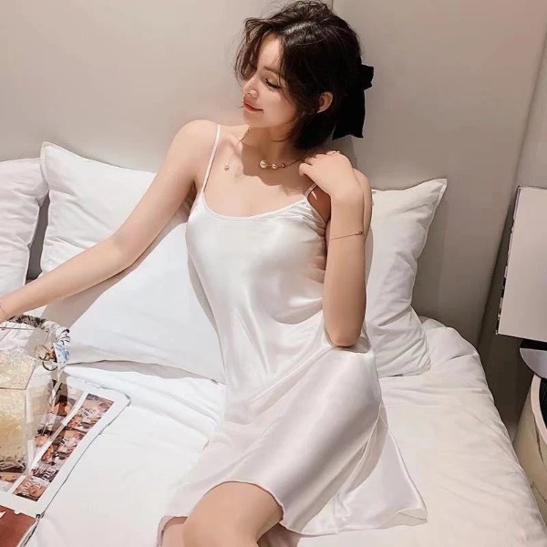 Women Night Dresses Plus Size Lace Silk Pajamas Solid Color Suspenders Nightdress - White