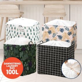 100L Laundry Basket Rectangle Foldable Bin Waterproof Drawstring Extra Large - Black Grid - Image 2