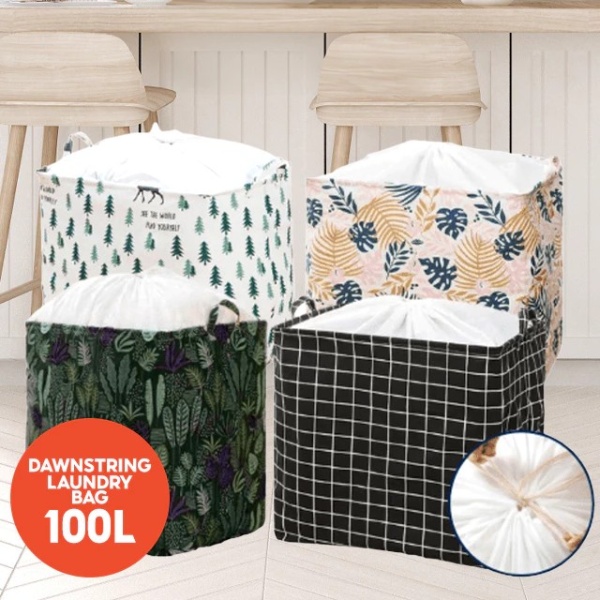 100L Laundry Basket Rectangle Foldable Bin Waterproof Drawstring Extra Large - Black Grid
